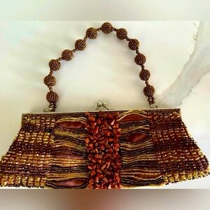 Vintage In’s beaded kiss lock bag purse bronze brown embellished flapper party